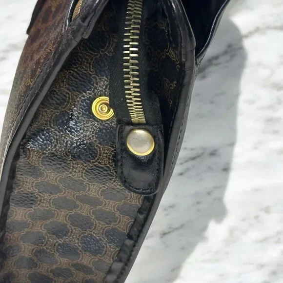 CELINE Macadam Clutch Handbag Black Brown Triomphe Leather Unisex Vintage 90s - Picture 8 of 16